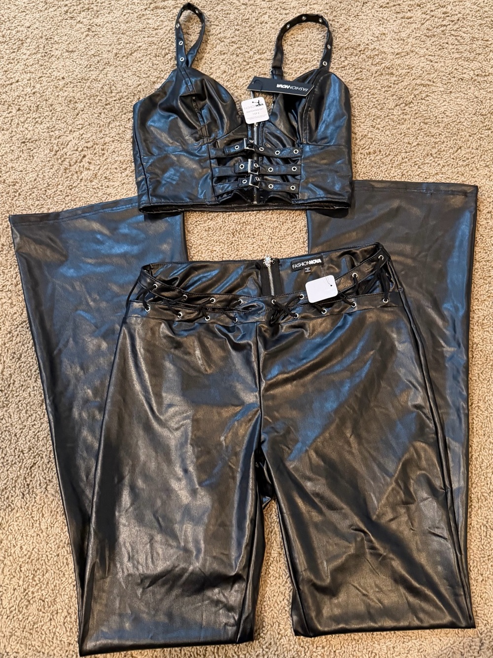 Fashion Nova Black Faux Leather Wide Leg Pants & Lace-Up Crop Top 2-Piece Set